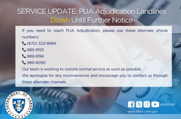 Service UPDATE: PUA Adjudication Landlines Down Until Further Notice